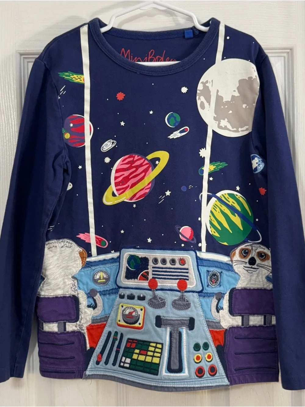 Mini Boden Boy Navy Space Cockpit Appliqué Colorful Planets Print Long Sleeve - Picture 1 of 8